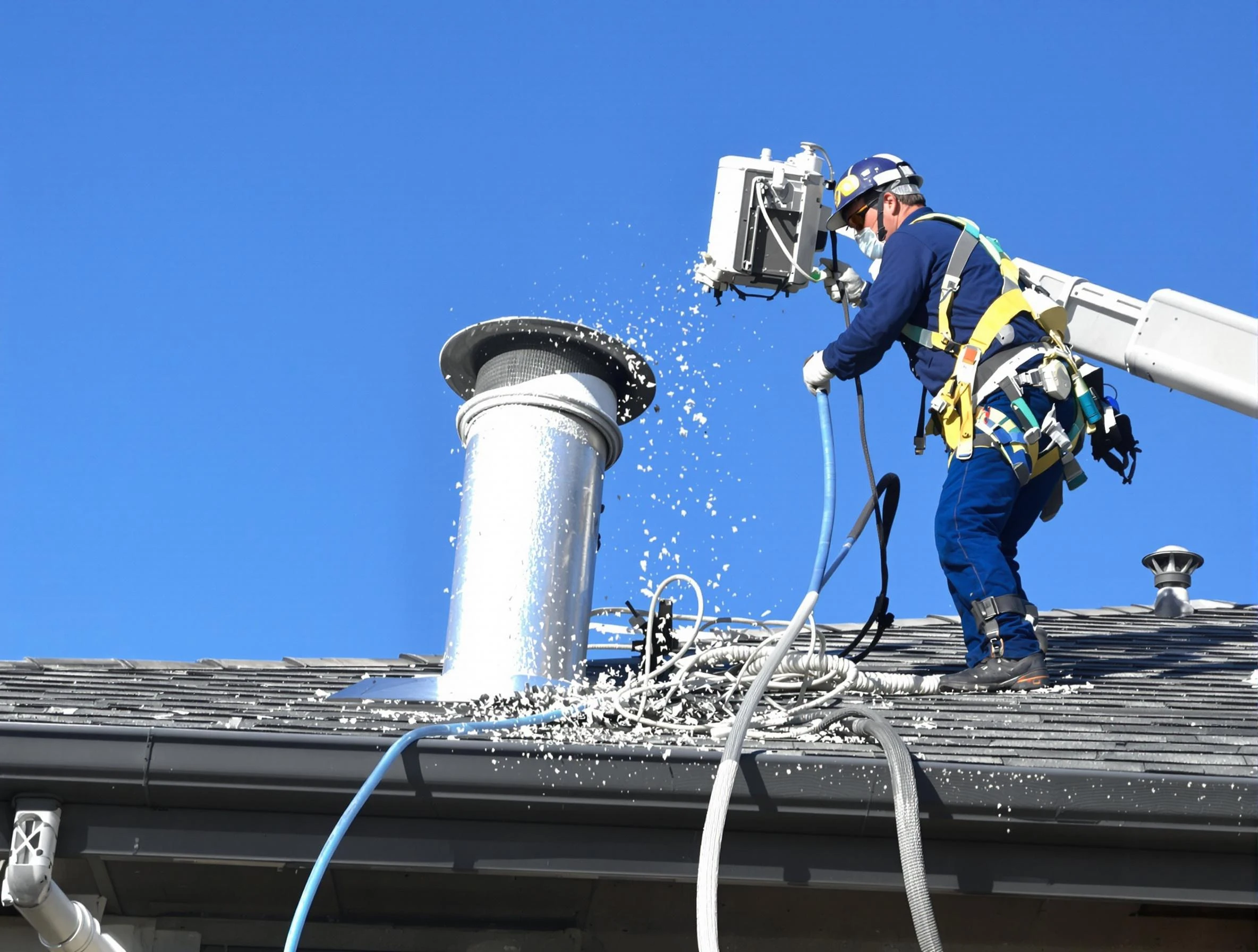 Lake Wilderness Dryer Vent Cleaning certified technician safely cleaning a roof-mounted dryer vent in Lake Wilderness